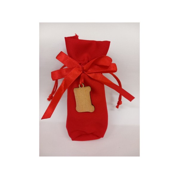 Sacchetto cotone base tonda con fiocco raso e ciondolo legno MIS.4,5X H13CM