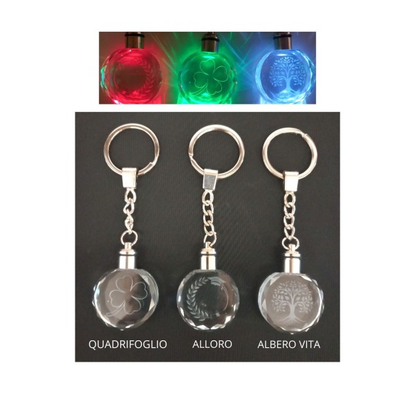 P/chiavi vetro con decoro e luce led colorata.DIAM.3CM