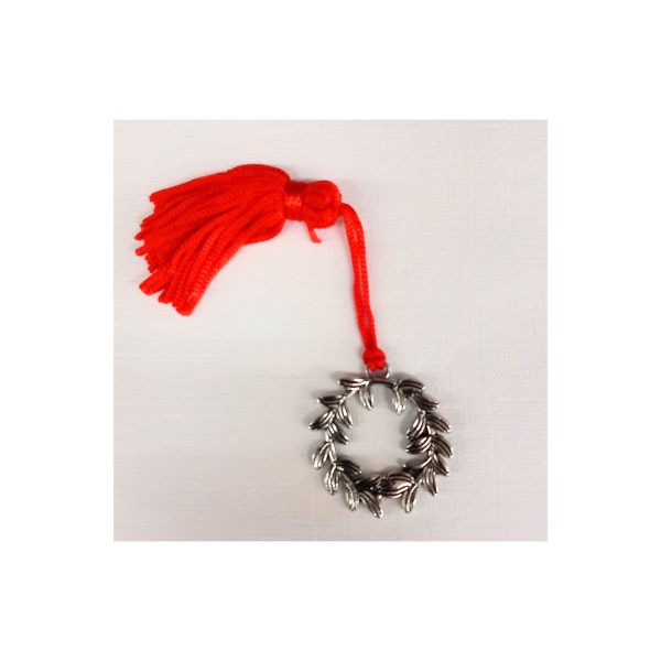 Ciondolo metallo,corona alloro con nappa.MIS.3X3CM
