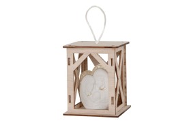 Lanterna legno con Sacra Famiglia e luce led.H.10CM