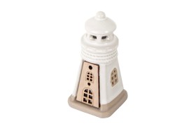 Faro ceramica con inserti legno e luce led.H9,5CM