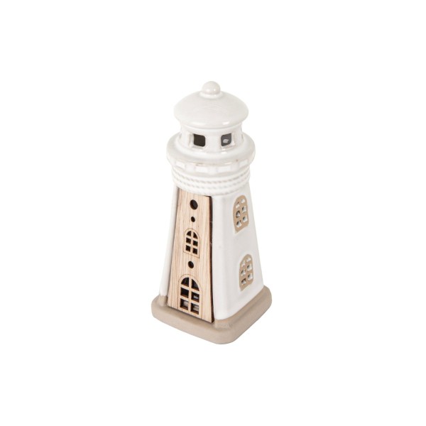 Faro ceramica con inserti legno e luce led.H14CM