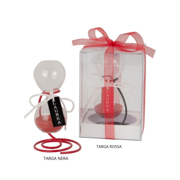 Clessidra vetro con targa LAUREA. Compreso di scatola PVC e nastro organza rosso.ASS.2 H11CM