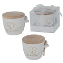 Zuccheriera ceramica bianca con decoro color oro lucido,coperchio e cucchiaio di  legno.Compreso di scatola PVC e nastro organza