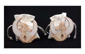 Scatolina legno e plexi glitterato sposi sacchetto tessuto bianco latte.ASS.2 MIS.7X8CM