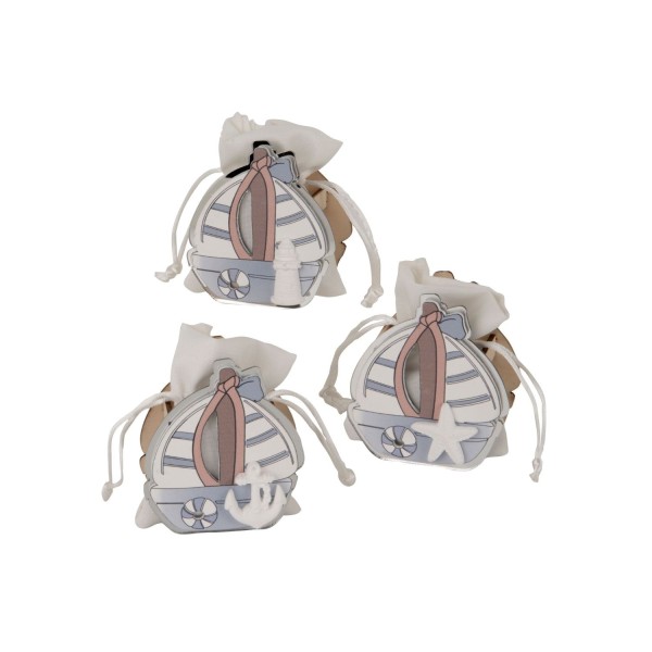 Scatola legno e plexi barchetta con applicazione gesso e sacchetto tessuto.ASS.3 MIS.7X8CM
