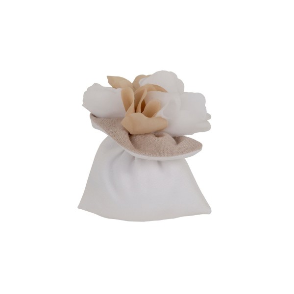 Sacchetto tessuto bianco e yuta con fiore.MIS.10X11CM