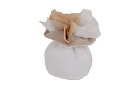 Sacchetto tessuto bianco e yuta  base tonda con fiore.DIAM.7 H11CM