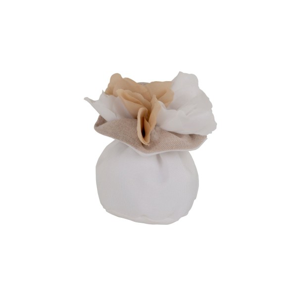 Sacchetto tessuto bianco e yuta  base tonda con fiore.DIAM.7 H11CM
