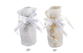 Sacchetto anniversario base tonda con portachiavi.MIS.7X13CM