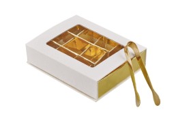 Scatola degustazione telata bianca con pinze.MIS.15,5X12 H 3,6CM
