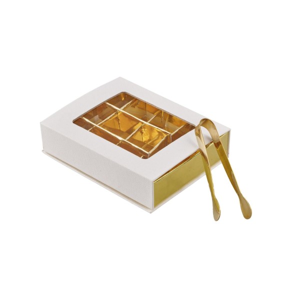 Scatola degustazione telata bianca con pinze.MIS.15,5X12 H 3,6CM