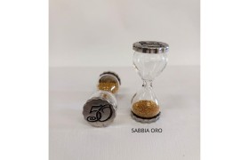 Clessidra vetro con sabbia oro e basi ottone ricoperto argento .MIS.2X4,5CM