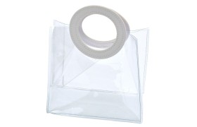 Busta PVC trasparente con manico in similpelle bianco.MIS.17X9,5 H.15,5CM