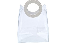 Busta PVC trasparente con manico in similpelle bianco.MIS.18 X 9,5 H.19,5CM