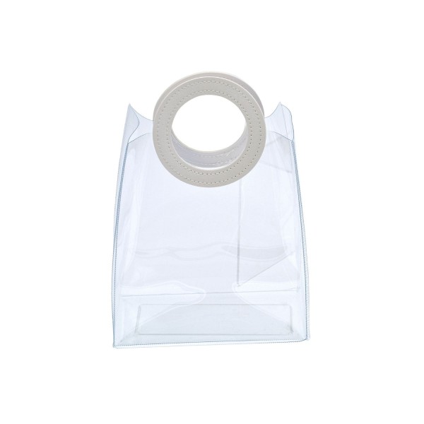 Busta PVC trasparente con manico in similpelle bianco.MIS.18 X 9,5 H.19,5CM