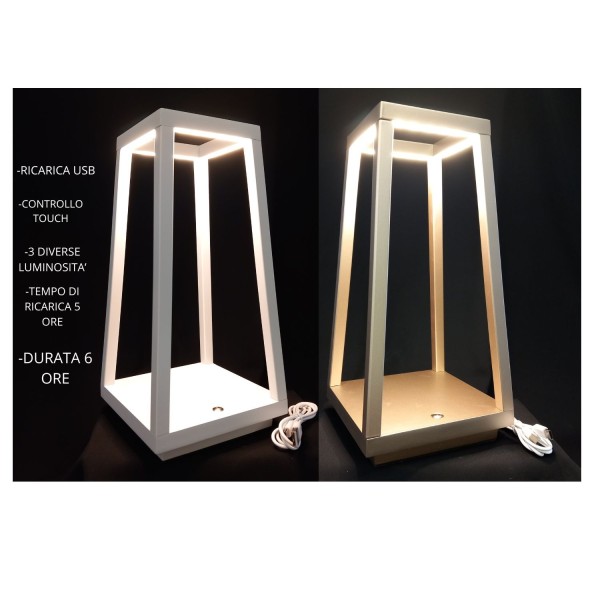Lanterna metallo da tavolo con luce led ricaricabile.MIS.14X14 H.28,5CM