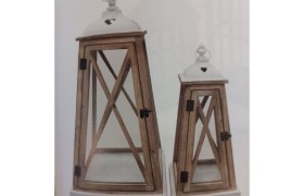 SET 2 lanterne p/candela legno naturale e metallo bianco.MIS.PICCOLA 20X20H.46CM GRANDE 30X30 H.70CM