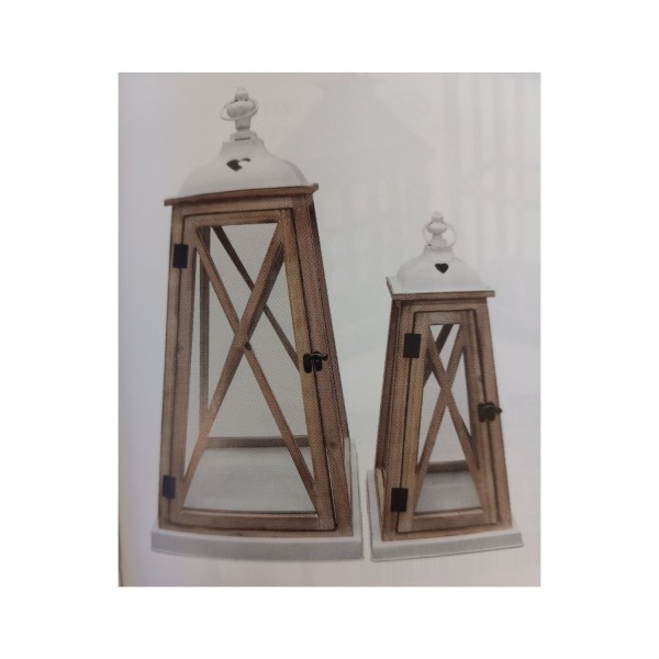 SET 2 lanterne p/candela legno naturale e metallo bianco.MIS.PICCOLA 20X20H.46CM GRANDE 30X30 H.70CM