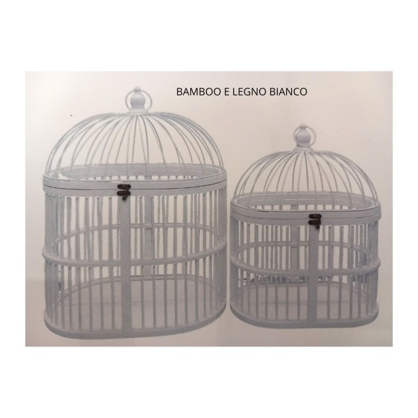 SET 2 lanterne p/candela bamboo e metallo bianco.MIS.PICCOLA 36X22 H.48CM GRANDE 44X30 H.58CM