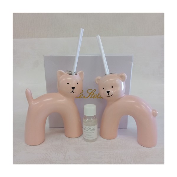 Profumatore ceramica orsetto e gattino rosa.Compreso di bastoncini,profumo e scatola.ASS.2 MIS.10,5X4,5 H.11,5CM