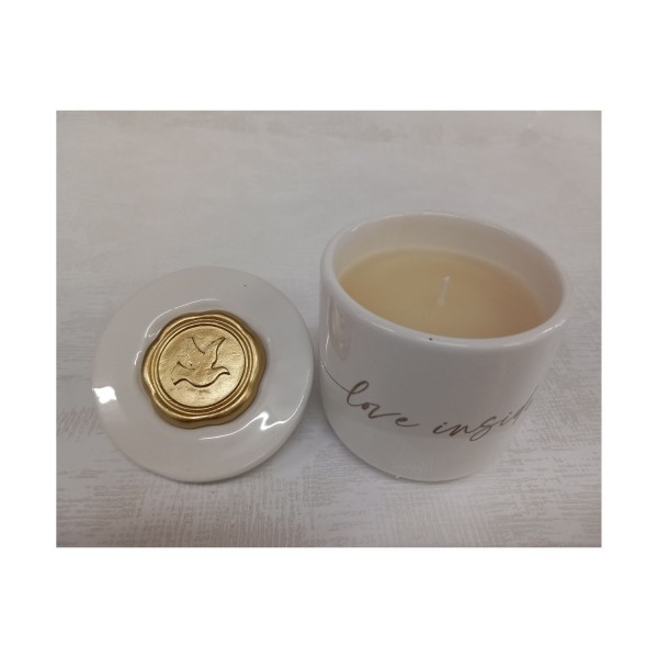 Vasetto ceramica con candela e colomba CRESIMA cerlacca oro.DIAM.6XH.6CM