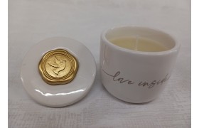 Vasetto ceramica con candela e colomba CRESIMA cerlacca oro.DIAM.8XH.8CM