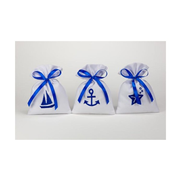 Sacchetto tessuto colore bianco con ricamo mare.ASS.3 MIS.10X12CM