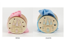 Scatola legno e plexi castello con sacchetto.MIS.7X7CM