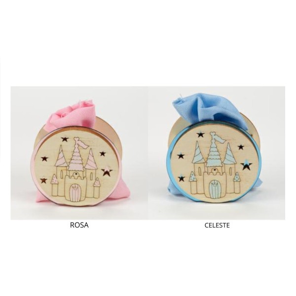 Scatola legno e plexi castello con sacchetto.MIS.7X7CM