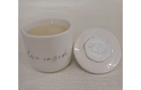 Vasetto ceramica con candela e rosa ceralacca bianca.DIAM.8XH.8CM