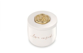 Vasetto ceramica con candela e 18 in ceralacca oro.DIAM. 8X H.8CM