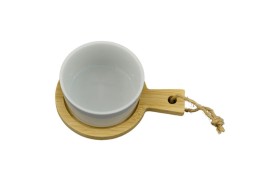Antipastiera base legno e ciotola rotonda ceramica bianca.MIS.BASE LEGNO 14X10CM -MIS.CIOT. 8X8 H3,8CM