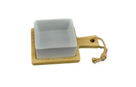 Antipastiera base legno e ciotola quadrata ceramica bianca.MIS.BASE LEGNO 14X9,5CM- MIS.CIOT. 7,5X7,5 H3,5CM