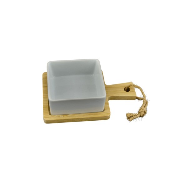 Antipastiera base legno e ciotola quadrata ceramica bianca.MIS.BASE LEGNO 14X9,5CM- MIS.CIOT. 7,5X7,5 H3,5CM