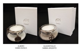 P/candela vetro con ciondolo ottone bagno argento ,scatola compresa.DIAM.6 H.3,5CM MADE IN ITALY