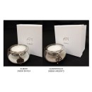 P/candela vetro con ciondolo ottone bagno argento ,scatola compresa.DIAM.6 H.3,5CM MADE IN ITALY