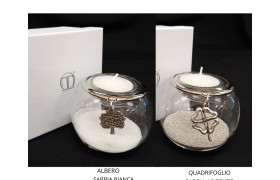P/t light vetro con sabbia  e ciondolo in ottone bagno argento, scatola compresa.DIAM.8 H.6CM MADE IN ITALY