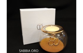P/t light vetro con sabbia dorata e ciondolo in ottone ricoperto in oro,scatola compresa.DIAM.8 H.6CM MADE IN ITALY
