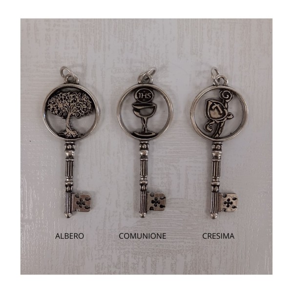Ciondolo chiave in ottone bagno argento.DIAM.2,5CM H.7CM MADE IN ITALY