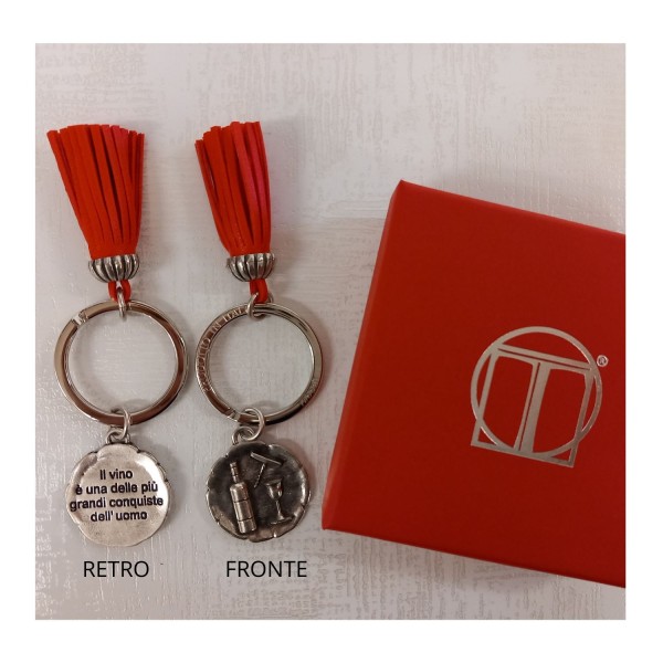 P/chiavi in ottone bagno argento LAUREA IN ENOLOGIA con nappa similpelle e scatola DIAM.2,5 CM solo il ciondolo  MADE IN ITALY