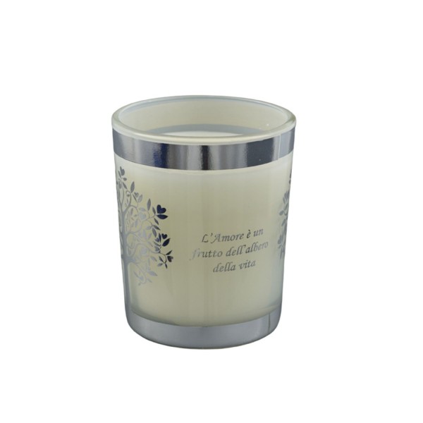 Candela vetro con decoro albero.DIAM.5 H.7CM GR.75