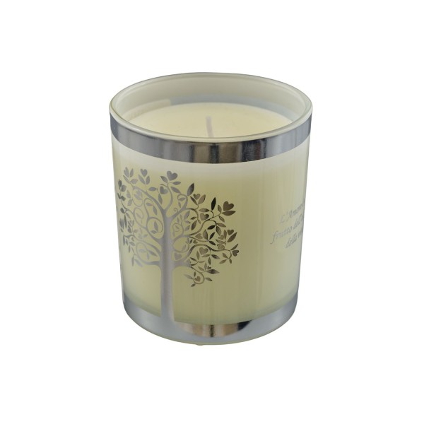 Candela vetro con decoro albero.DIAM.6,5 H.8CM GR.150
