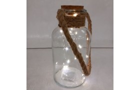 Lanterna vetro con manico corda, tappo sughero e luci  led.H.20CM