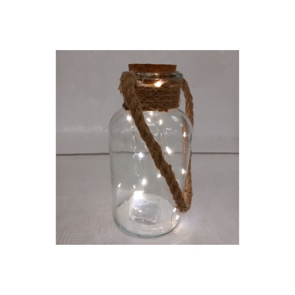 Lanterna vetro con manico corda, tappo sughero e luci  led.H.20CM