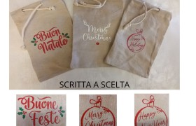Sacchetto cotone con frasi natalizie.MIS.17X25CM