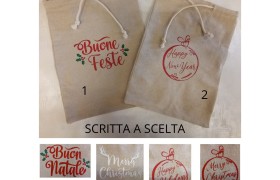 Sacchetto cotone con frasi natalizie.MIS.25X33CM