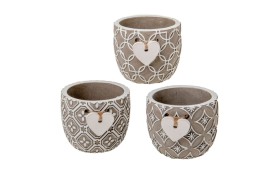 P/piante ceramica decorato con cuoricino legno.ASS.3 DIAM.7 H.7 CM