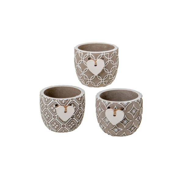 P/piante ceramica decorato con cuoricino legno.ASS.3 DIAM.7 H.7 CM