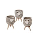 P/piante decorato con cuoricino e piedini legno.ASS.3 DIAM.7,5 H.11 CM
